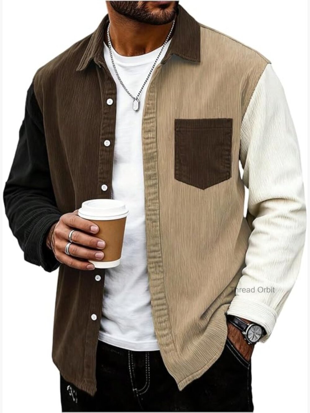 Men's Corduroy Button Down Shirt Jacket Color Block Long Sleeve Shacket - Picture 1 of 5